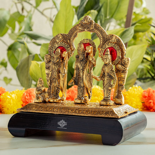 Brass Finish Ram Darbar Murti with Wooden Base for Home Temple