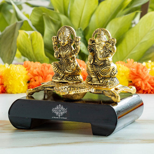 Brass Finish Ganesh Ji With  Laxmi JI Murti with Wooden Base