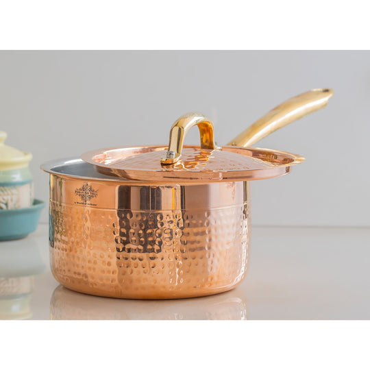 Indian Art Villa artisan copper pan with brass handle and lid perfect for Diwali gifting or new home celebrations