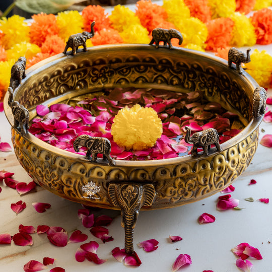 Brass Urli with Elephant Trunk Design -Antique Embossed