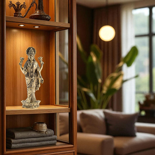 Pure Brass Laxmi JI Standing Murti With Lotus Flower