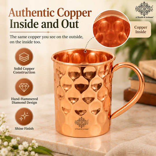 Handcrafted copper drinking cup with prominent diamond texture