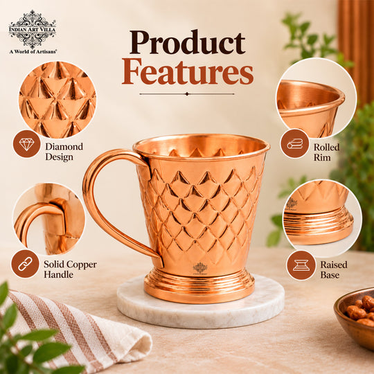 Infographic listing key features for the set of 2 diamond hammered mugs — Indian Art Villa