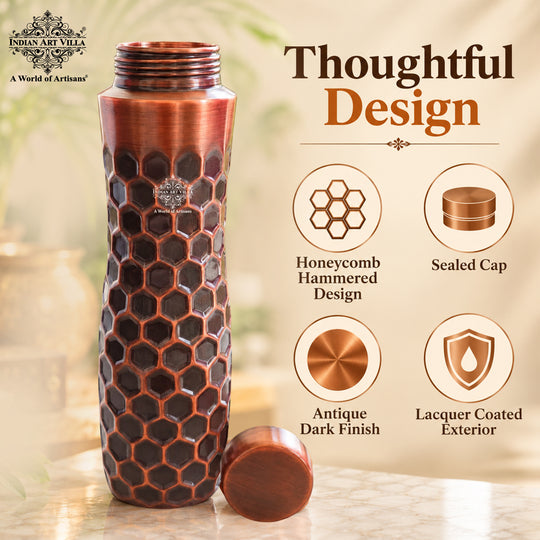 Copper Water Bottle with Honeycomb Embossed Design — photo 12 — Indian Art Villa