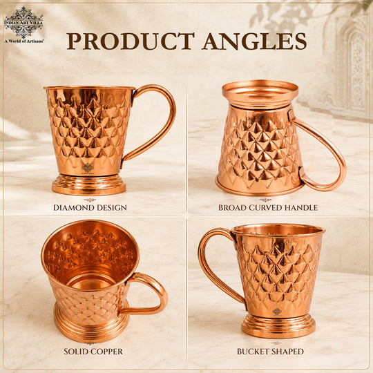Infographic showing multiple angles of the copper mug set of 2 — Indian Art Villa