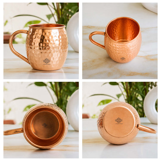 Pure copper hammered beer mug with curved copper handle