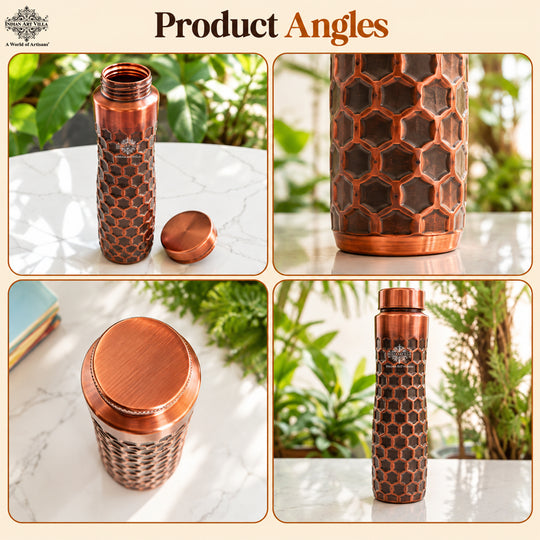 Copper Water Bottle with Honeycomb Embossed Design — photo 11 — Indian Art Villa