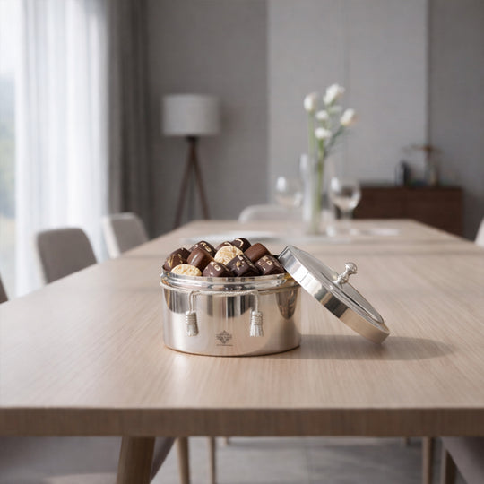 Handcrafted Pure Silver Plated Gold Polish Dry Fruits Box For Diwali, Festive Items