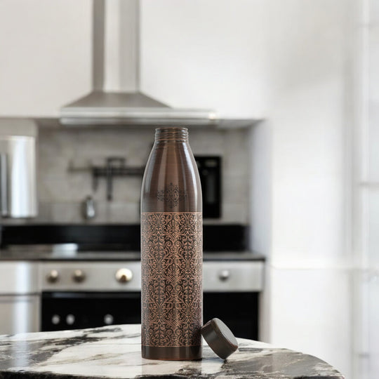 Pure Copper Bottle with Antique Dark Embossed Design, 900ml