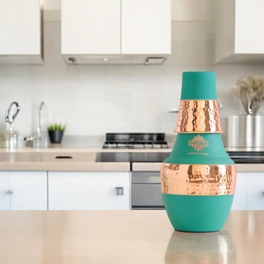 Pure Copper Hammered Silk Finish Design Surahi Shape Bedroom Bottle