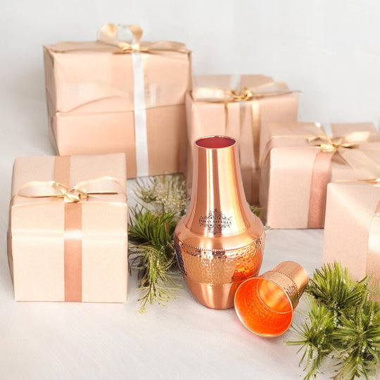 Pure Copper Hammered Silk Finish Design Surahi Shape Bedroom Bottle