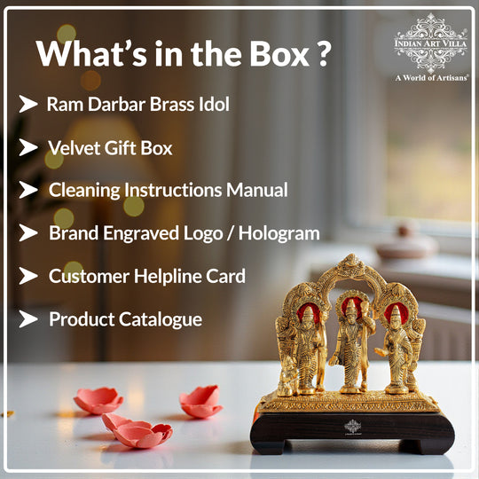 Brass Finish Ram Darbar Murti With wooden Base for Home Temple & Pooja Decor