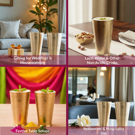 Embossed Flower Design Brass Lassi Glass