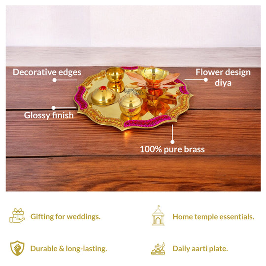 Pure Brass Handmade Designer Pooja, Aarti Thali Set Designer Borders, Spiritual Item, 25.40 CMS