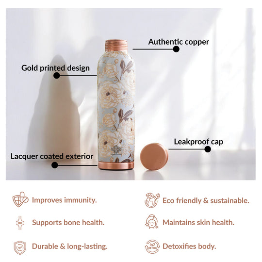 Pure Copper Water Bottle with Different Gold Print Designs, 900 ML