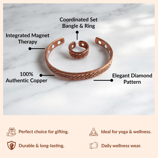 Pure Copper Diamond Design Bangle with Magnet & Matching Ring