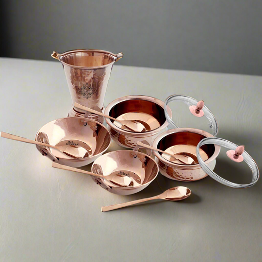 Rose gold steel hammered tableware gift set 10 pieces front view — Indian Art Villa
