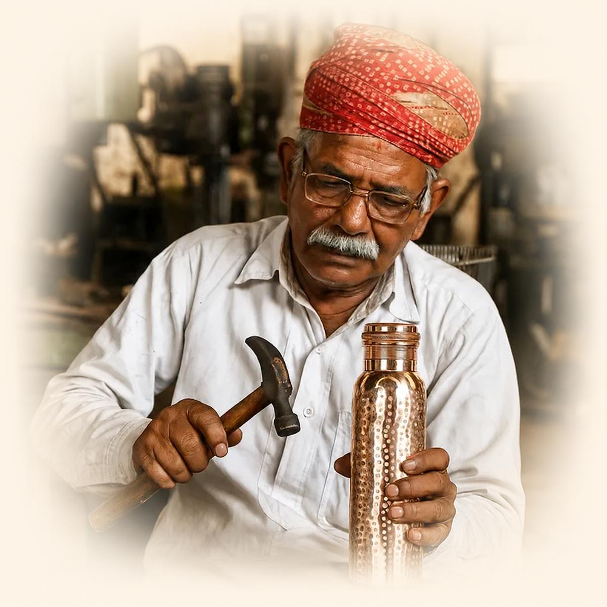 Artisan hand-crafting a copper vessel