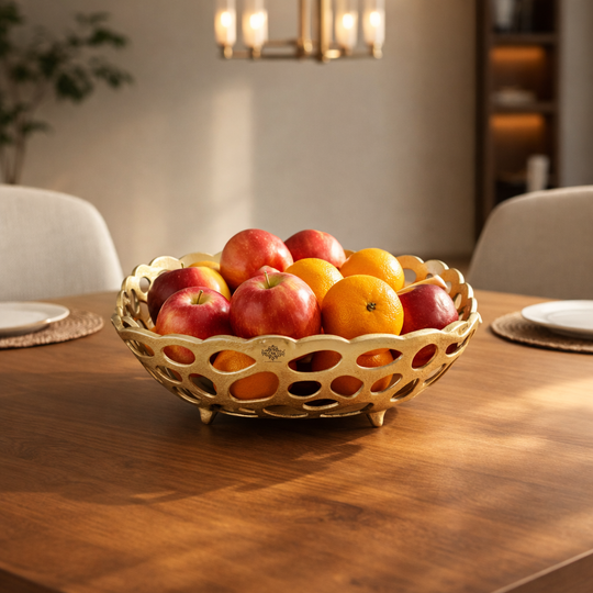 Brass Finish Hollow Design Fruit Basket,12 Inches Length