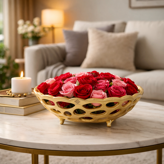 Brass Finish Hollow Design Fruit Basket,12 Inches Length