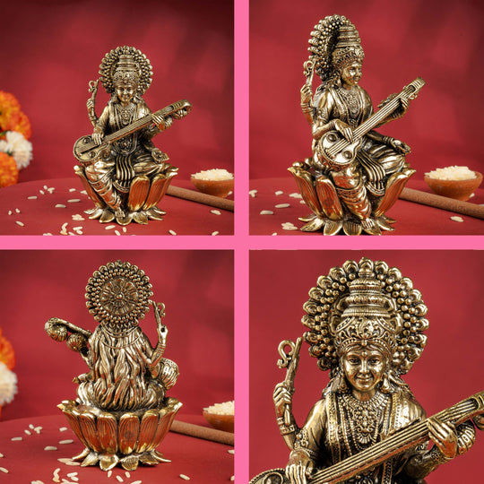 Pure Brass Goddess Saraswati ji Idol- Sitting on Lotus Flower