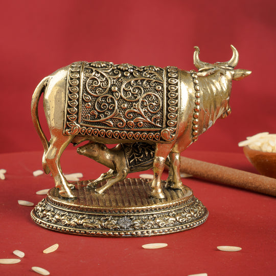 Pure Brass Kamadhenu Cow With Calf  – Symbol of Prosperity &  Blessings