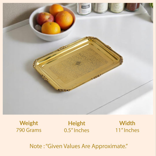 Rectangular embossed brass platter with polished surface floral patterns and artistic borders by Indian Art Villa