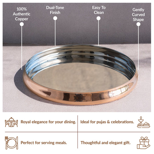 Steel Copper Curved Thali, Tableware, Dinnerware, 33.02 cm