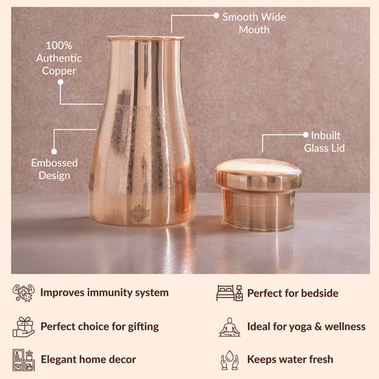 Pure Copper Embossed Bedroom Bottle With Inbuilt Glass