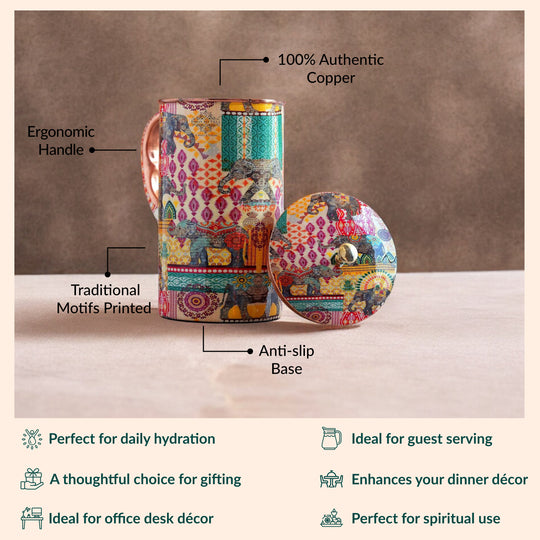 Pure Copper Printed Jug - Padharo Mhare Desh Design