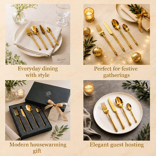 Stainless Steel Gold PVD Coated Rafail Cutlery Set of 4 for Dining & Gifting