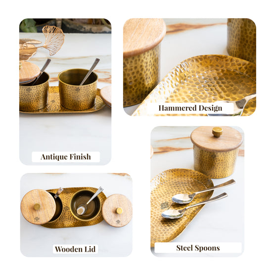 Hammered Aluminium Condiment Bowl Set with Wooden Lid & Brass Spoons