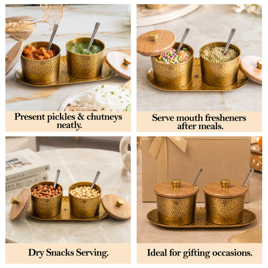 Hammered Aluminium Condiment Bowl Set with Wooden Lid & Brass Spoons