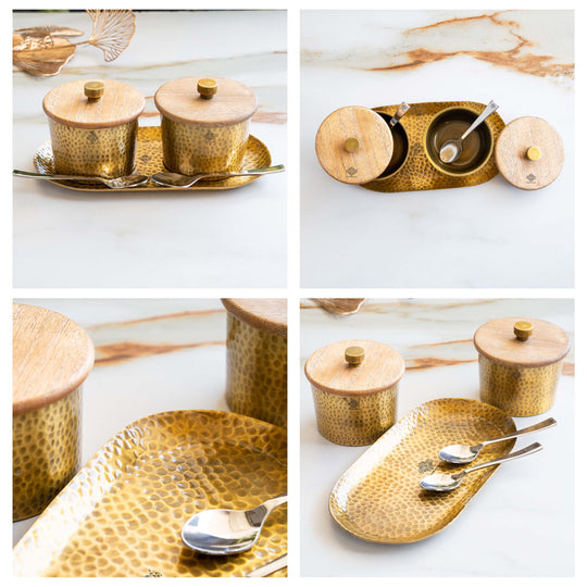 Hammered Aluminium Condiment Bowl Set with Wooden Lid & Brass Spoons