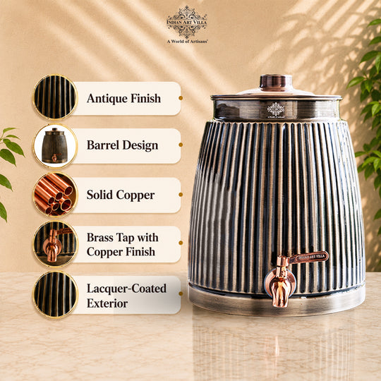 Copper Antique Brass Finish Barrel Design Water Pot 7000 ML with Tap & Lid