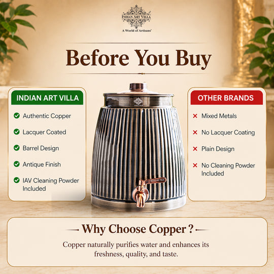 Copper Antique Brass Finish Barrel Design Water Pot 7000 ML with Tap & Lid