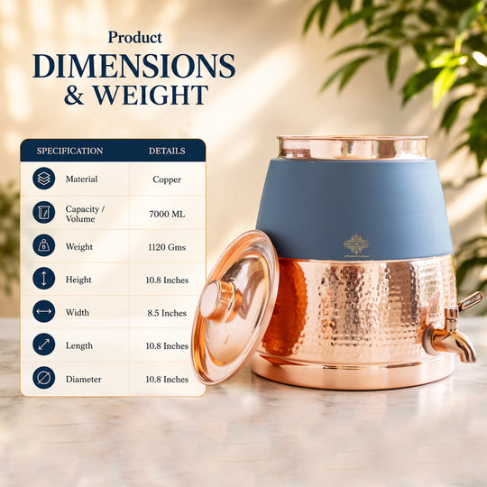 Copper Water Pot with Hammered Design & Silk Finish, 7000 ML