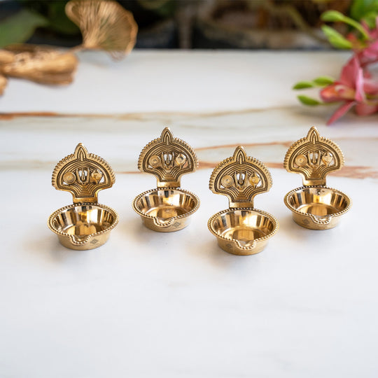Brass Tilak Design Diya Set of 4 with Shine Finish for Daily Puja