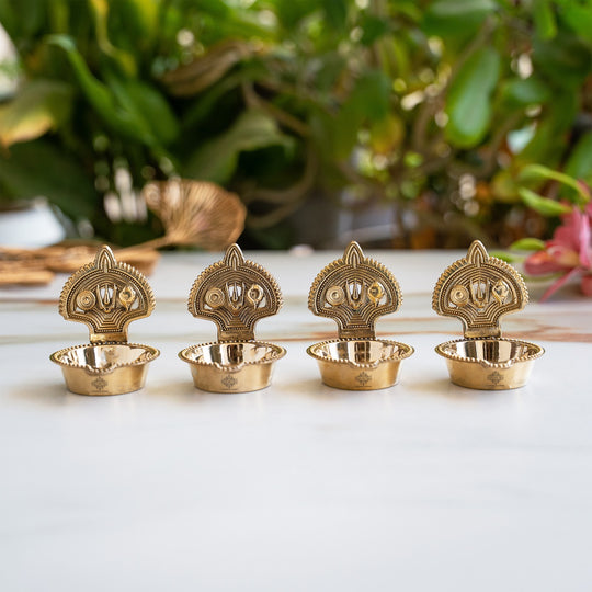 Brass Tilak Design Diya Set of 4 with Shine Finish for Daily Puja