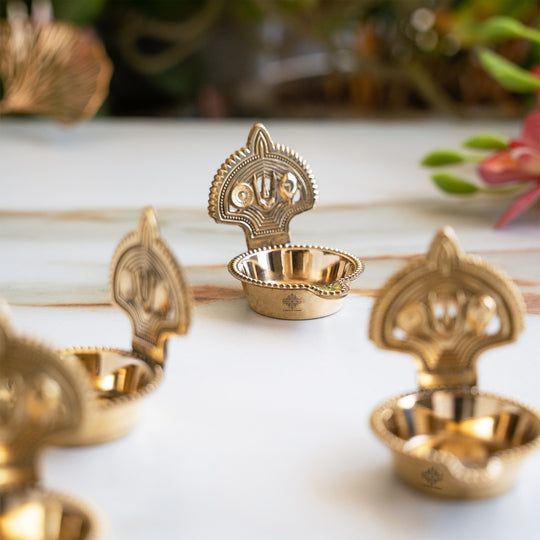 Brass Tilak Design Diya Set of 4 with Shine Finish for Daily Puja