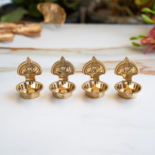 Brass Tilak Design Diya Set of 4 with Shine Finish for Daily Puja
