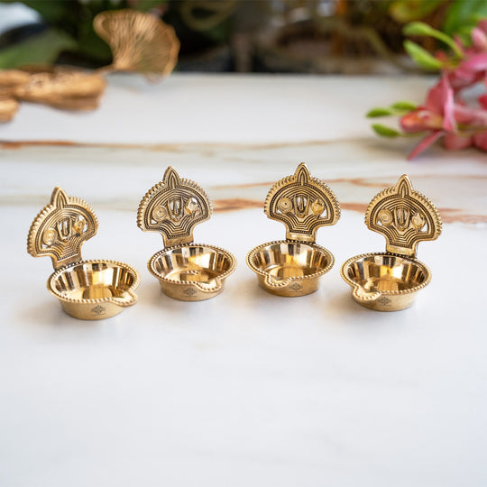 Brass Tilak Design Diya Set of 4 with Shine Finish for Daily Puja