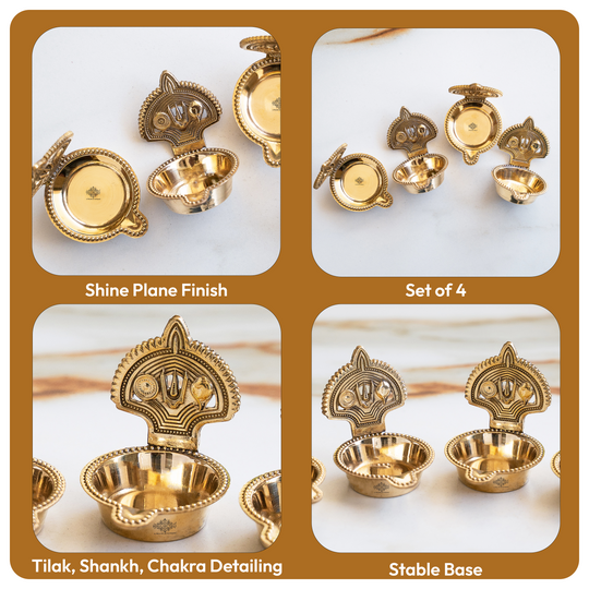 Brass Tilak Design Diya Set of 4 with Shine Finish for Daily Puja