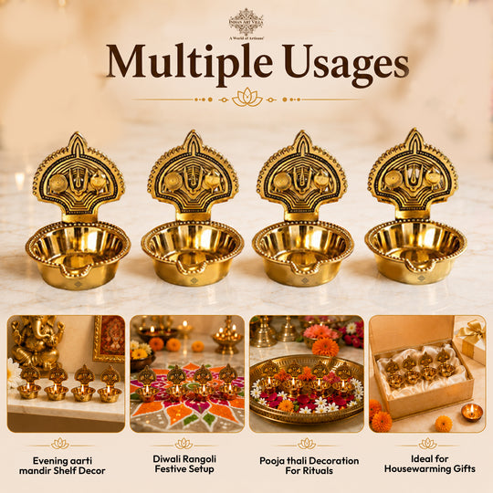 Brass Tilak Design Diya Set of 4 with Shine Finish for Daily Puja