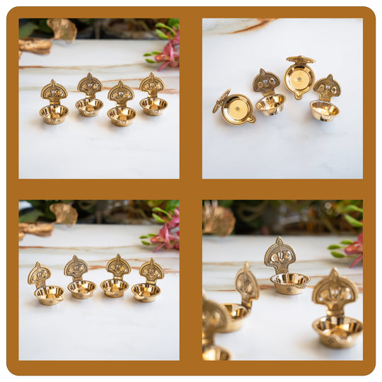 Brass Tilak Design Diya Set of 4 with Shine Finish for Daily Puja