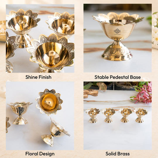 Brass Floral Diya Set of 4, Decorative Oil Lamps for Pooja