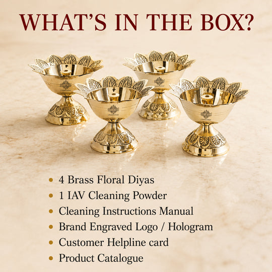 Brass Floral Diya Set of 4, Decorative Oil Lamps for Pooja