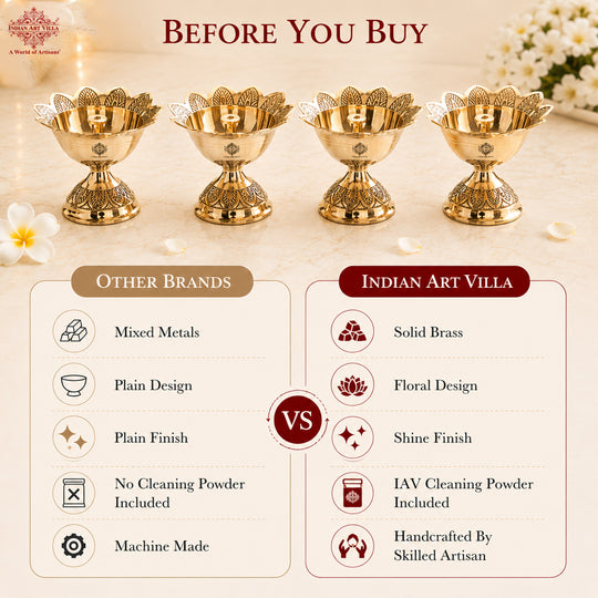 Brass Floral Diya Set of 4, Decorative Oil Lamps for Pooja