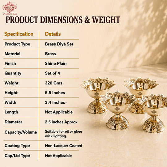 Brass Floral Diya Set of 4, Decorative Oil Lamps for Pooja