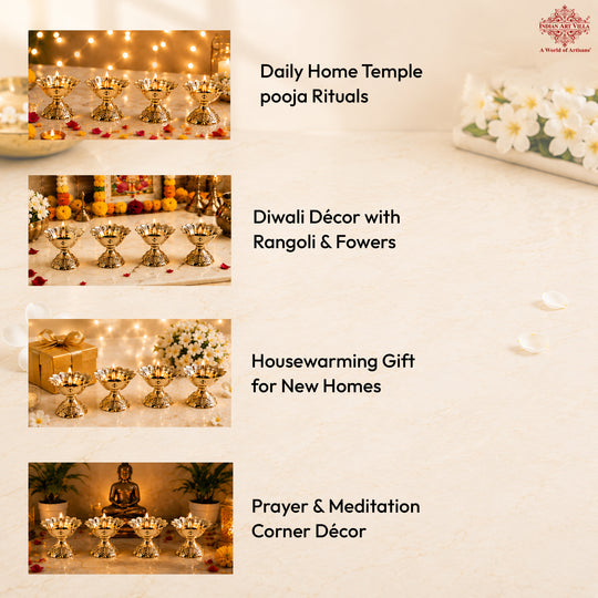 Brass Floral Diya Set of 4, Decorative Oil Lamps for Pooja